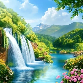 Majestic Waterfall and River in a Forested Mountain Scene