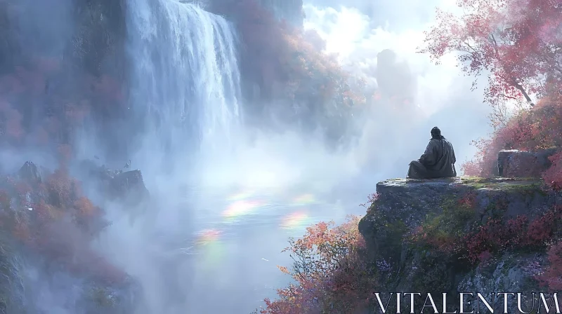 Peaceful Contemplation Near Waterfall AI Image