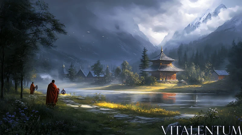 AI ART Tranquil Lake Monastery Mountain Scenery