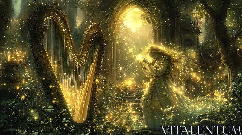 AI ART Golden Harp in Magical Forest