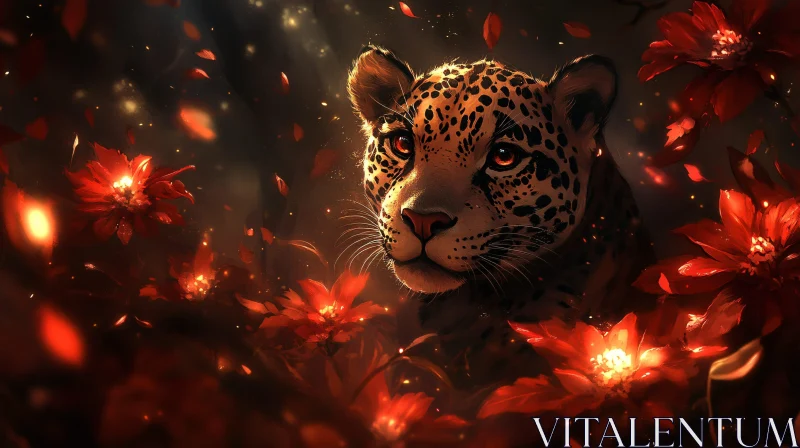 AI ART Jungle Leopard with Glowing Red Flowers