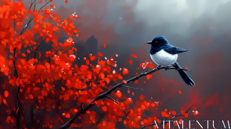 Bird Perching on a Branch in Red Foliage AI Image