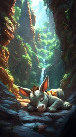 Peaceful Scene with Donkey and Waterfall