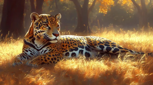 Leopard Resting on Sunlit Grass