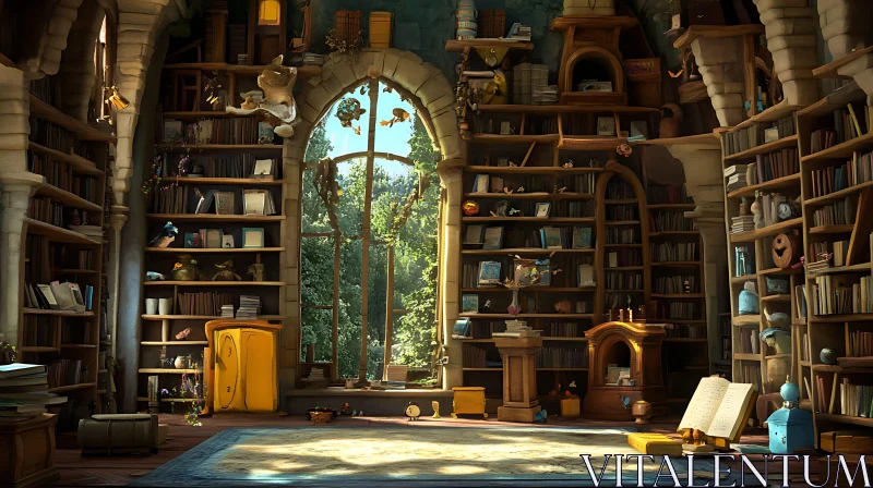 Serene Library Interior with Forest View AI Image