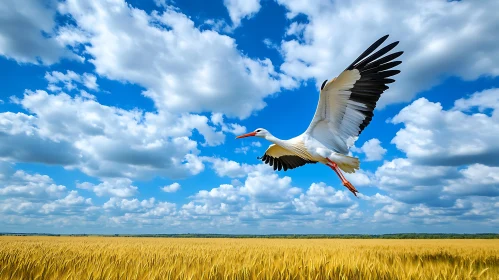 Stork in Flight over Wheat Field