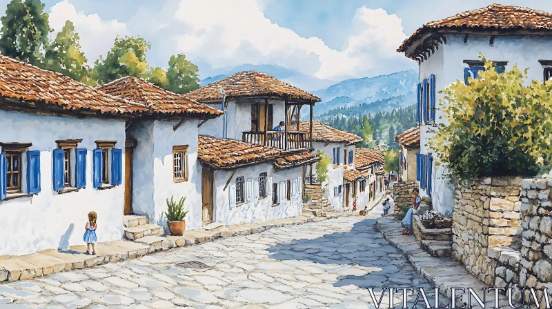 AI ART Quaint Townscape with Child on Cobblestone Street