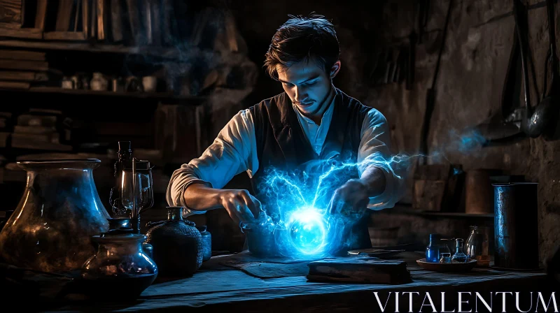 AI ART Wizard Casting Spell With Blue Orb