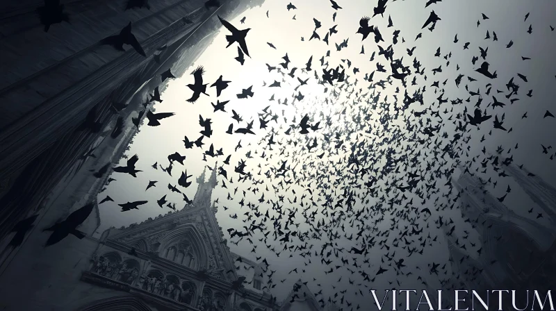 AI ART Birds Flying Over Gothic Building