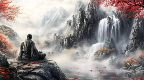 Peaceful Contemplation Near Mountain Waterfall