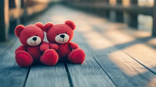 Two Teddy Bears Sitting Together on Wood