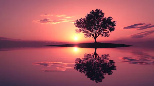 Tranquil Sunset Scene with Tree Reflection