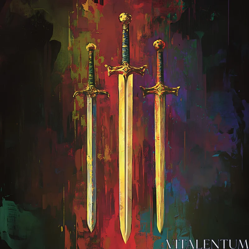 AI ART Golden Swords Arrayed Against Colorful Canvas