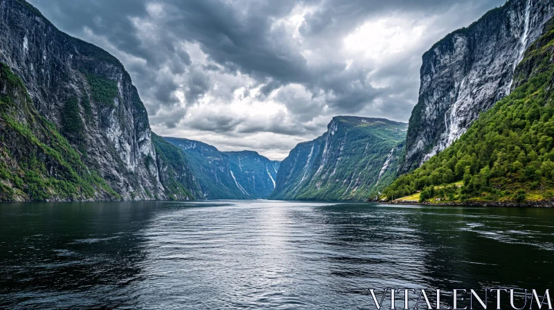 AI ART Scenic Fjord Landscape with Lush Mountains and Clouds