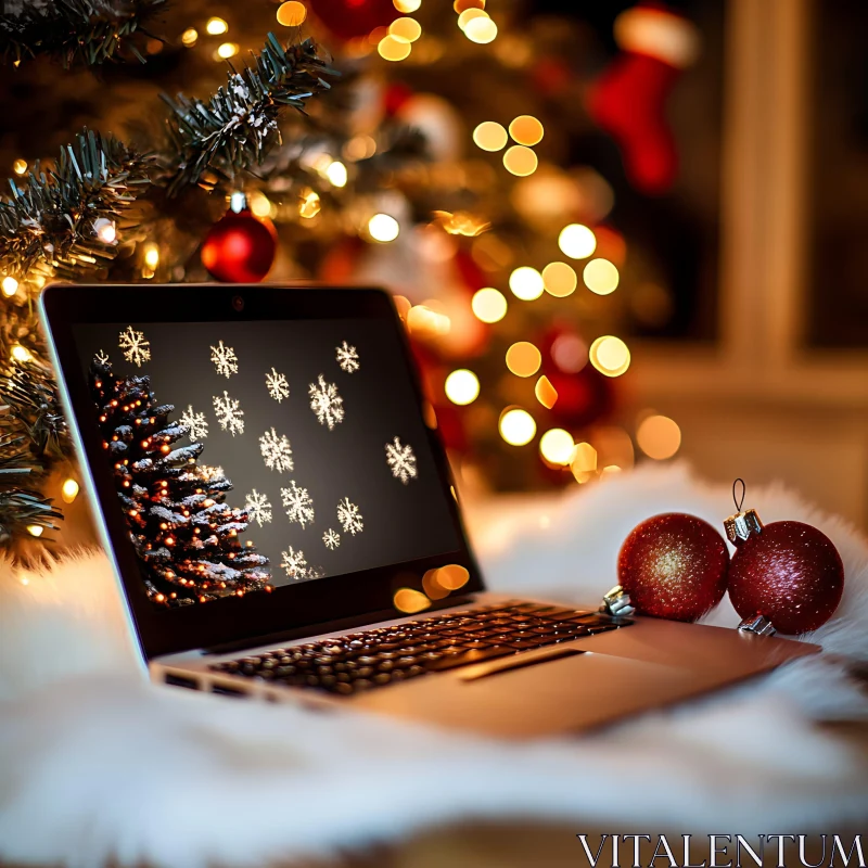 Holiday Cheer with Laptop and Christmas Ornaments AI Image