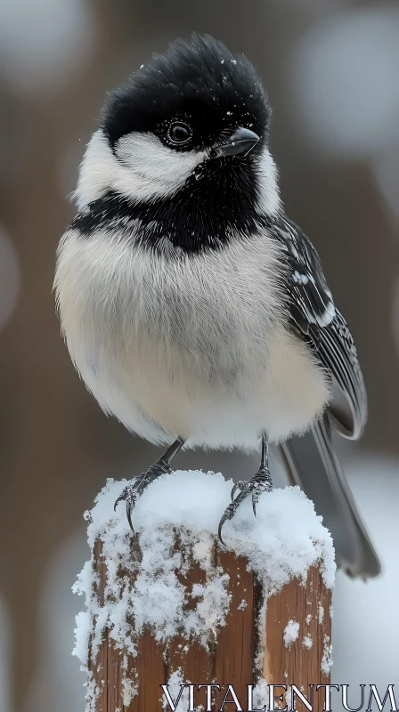 Snow-Covered Post with Bird AI Image