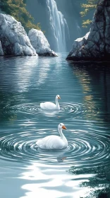 Graceful Swans with Waterfall