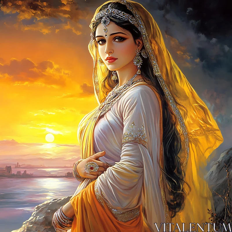 Sunset Portrait of Woman in Traditional Dress AI Image