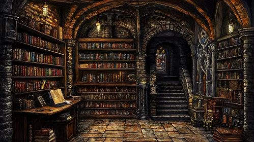 Old Library Interior with Bookshelves