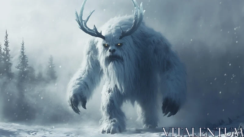 Antlered Yeti in Snowy Landscape AI Image