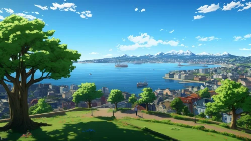 Captivating Cityscape with Ocean | Anime Art | Swiss Style