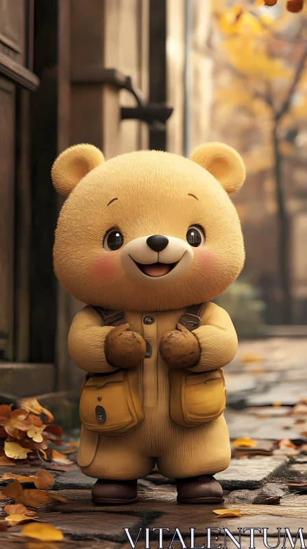 Adorable Bear with Fall Leaves AI Image