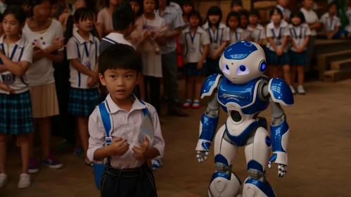 Child and Blue Robot in a Dynamic Scene - Artwork