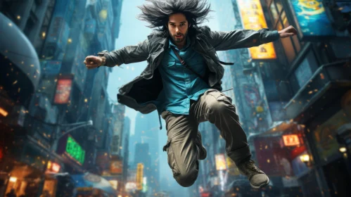 City Leap: Man Jumping in Teal Toned City