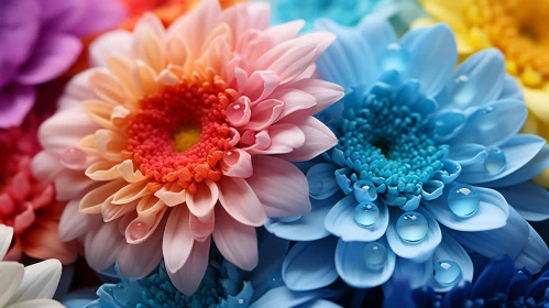 Close-Up Capture of Multicolored Flowers with Water Drops