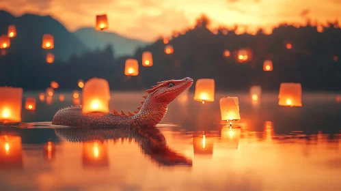 Floating Lanterns and Dragon on Lake