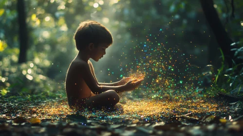 Child with Magic Dust in Enchanted Forest