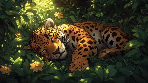 Leopard Resting among Sunlit Foliage