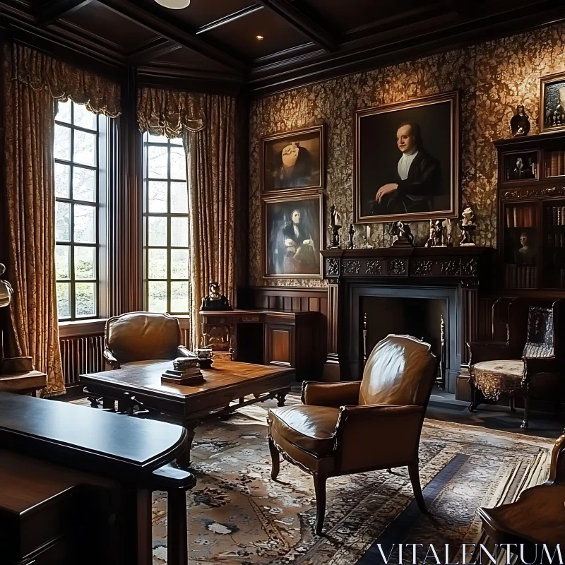 AI ART Traditional Library Setting with Leather Chairs and Wood Paneling