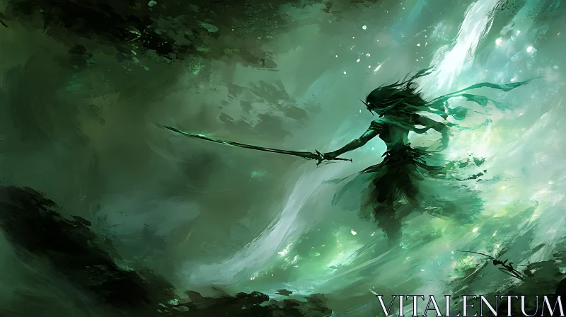 Mystic Green Warrior Digital Illustration AI Image