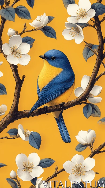 Blue and Gold Bird Perched on Flowery Branch AI Image