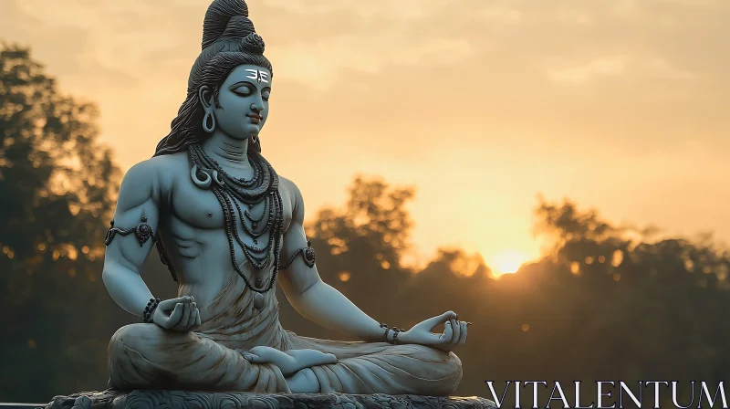 Meditative Shiva Statue with Sunset Glow AI Image