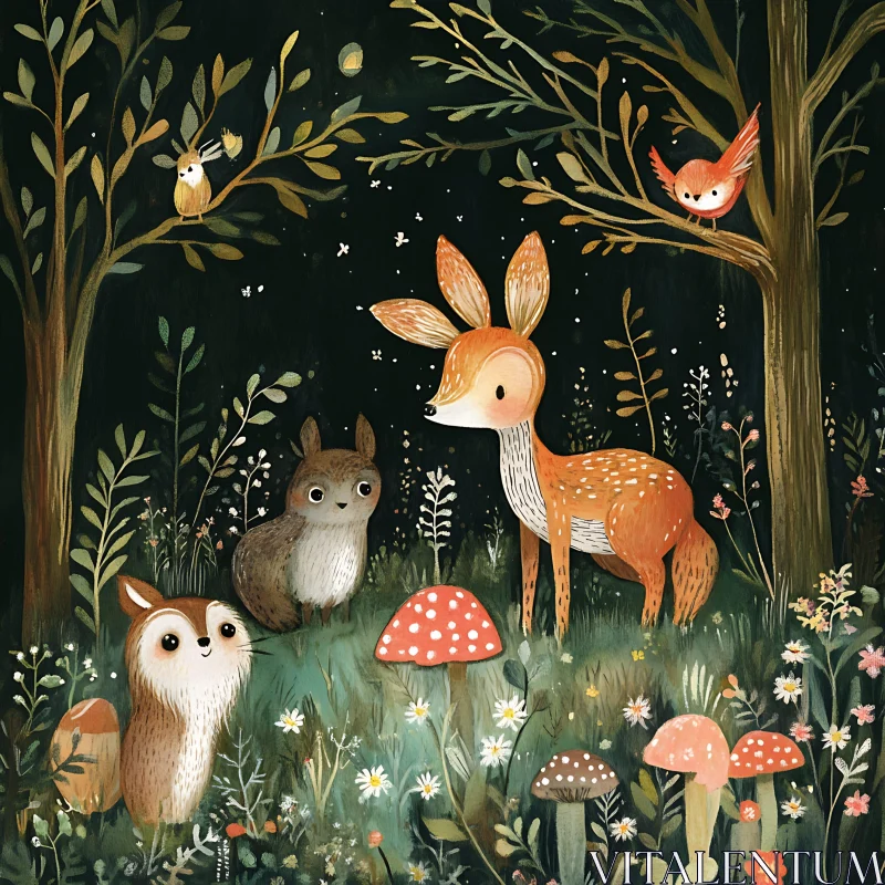 Magical Night in the Forest with Woodland Animals AI Image