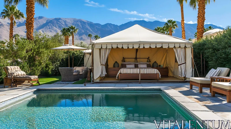 Lavish Outdoor Tent with Pool and Mountain Scenery AI Image