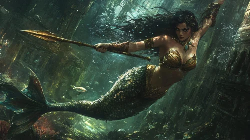 Underwater Mermaid Warrior with Spear