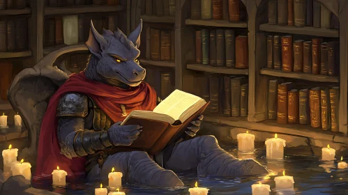 Scholarly Dragon in Flooded Library