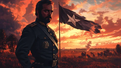 Man in Uniform with Flag at Sunset