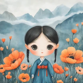 Whimsical Girl in a Floral Landscape