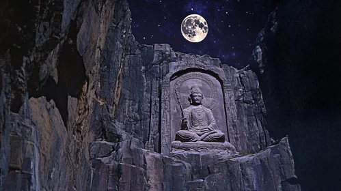 Ancient Buddha Sculpture at Night