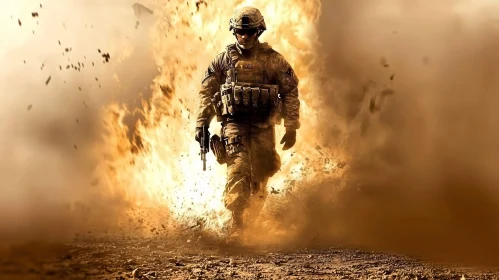 Soldier Walking Away From Explosion