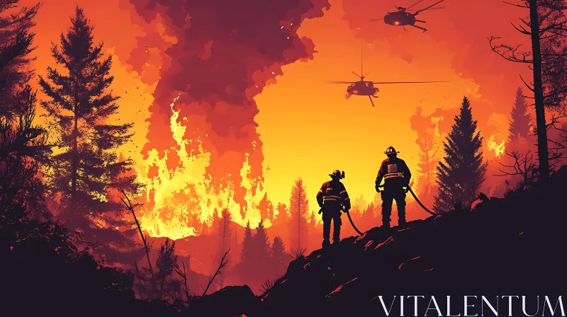 Brave Firefighters Amidst Explosive Forest Fire AI Image