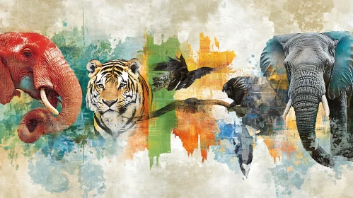 Elephant, Tiger, and Birds Digital Art