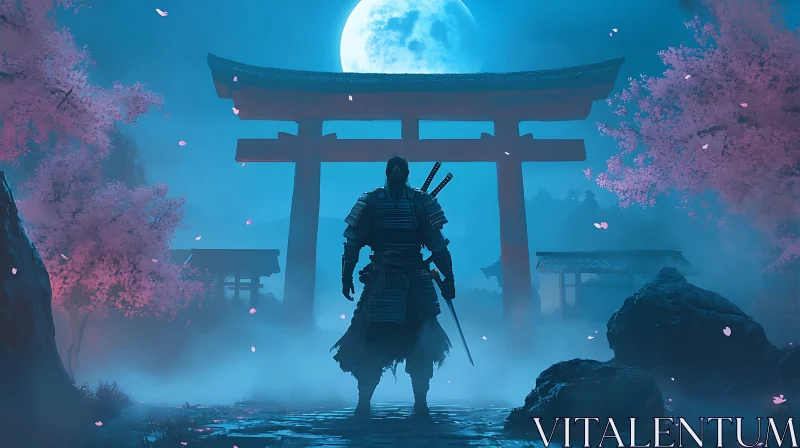 Warrior in Moonlight Cherry Blossom Scene AI Image