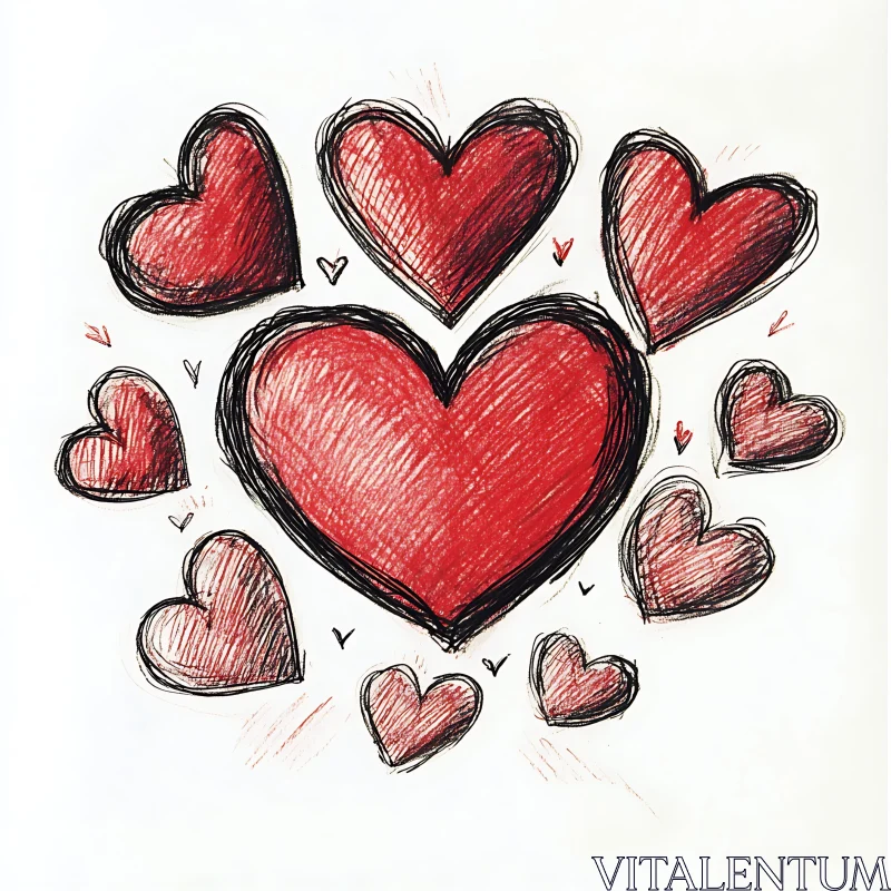 Red Hearts Sketch on White Background AI Image