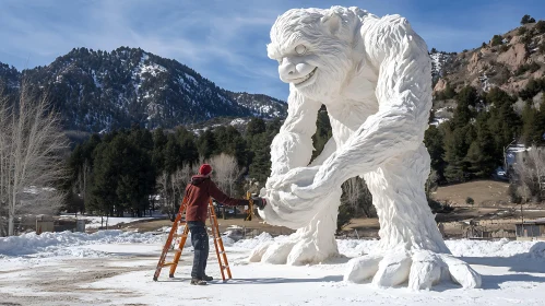 Giant Yeti Sculpture Creation in Winter