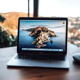 Modern Workspace with MacBook and Scenic Wallpaper